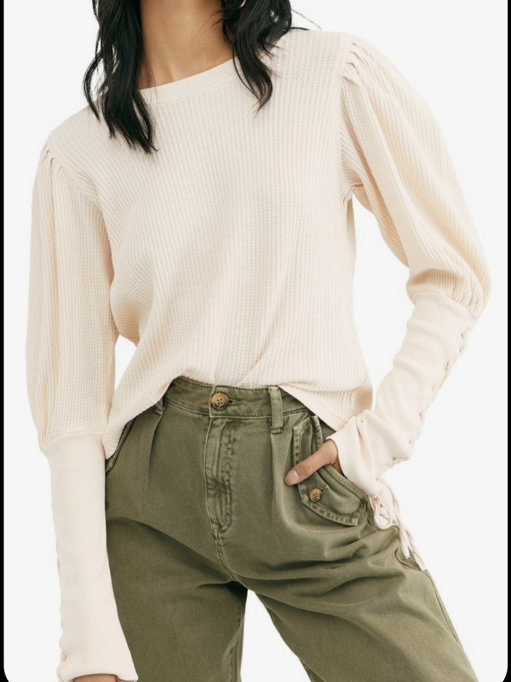 Free People Tasha Cream Waffle Knit Thermal Long-Sleeve Top